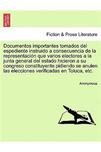 Documentos importantes tomados del espediente instruido a consecuencia de la representación que varios electores a la junta general del estado hicieron a su congreso constituyente pidiendo se anulen las elecciones verificadas en Toluca, etc.