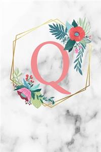 Q: Monogram Letter Q 120 Pages 6x9 Inches Notebook Marble Gold White personalized Name colored Flowers Initial Diary for Women and Girls