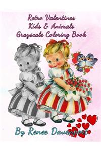Retro Valentines Kids & Animals Grayscale Coloring Book