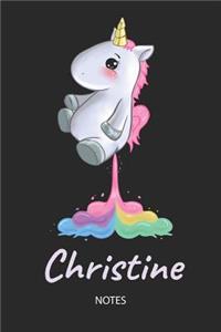 Christine - Notes: Noms Personnalisé Carnet de notes / Journal pour les filles et les femmes. Kawaii Licorne pétant arc-en-ciel. Accessoires de licorne amusants et fou