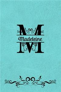 Split Letter Personalized Name Journal - Madeleine: Elegant Flourish Capital Letter on Light Teal Leather Look Background Journal For Women