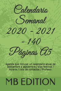 Calendario Semanal 2020 - 2021 - 140 páginas A5