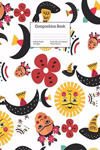 Composition Book College-Ruled Frida Folk Art Inspired White Pattern