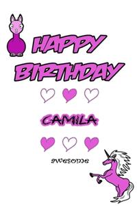 Happy Birthday Camila, Awesome with Unicorn and llama