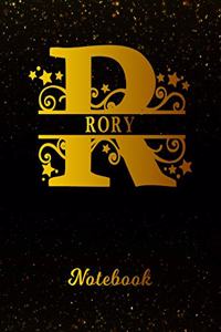 Rory Notebook: Letter R Personalized First Name Personal Writing Notepad Journal Black Gold Glittery Pattern Effect Cover College Ruled Lined Paper for Journalists