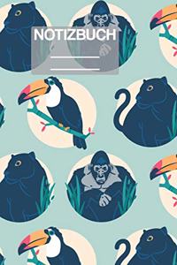 Notizbuch A5 Muster Zeichnung Jungle Dschungel Tiere Gorilla Panther Vogel