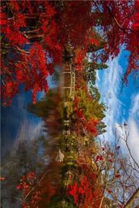 Japanese Maple Tree Bright Red Surrounding a Pond and Bridge Journal