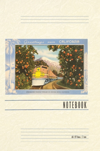 Vintage Lined Notebook Greetings from California, Train through Orange Groves