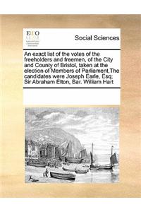 An Exact List of the Votes of the Freeholders and Freemen, of the City and County of Bristol, Taken at the Election of Members of Parliament, the Candidates Were Joseph Earle, Esq; Sir Abraham Elton, Bar. William Hart