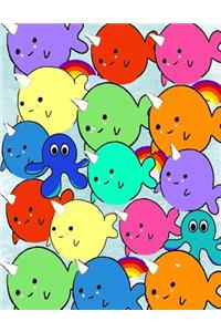 Cute Kawaii Baby Narwhals Rainbow Notebook: Blank Journal, Composition Book, Lined, 150 Pages, 8.5 X 11 Large