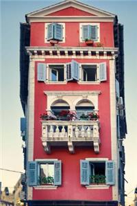 View of Charming Red Building with Blue Shutters in Rovinj Croatia Journal