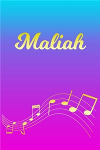 Maliah: Sheet Music Note Manuscript Notebook Paper - Pink Blue Gold Personalized Letter M Initial Custom First Name Cover - Musician Composer Instrument Com