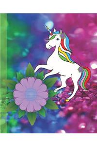 Cute Rainbow Unicorn & Purple Flower Cover Girl Composition Wide-ruled blank line School Notebooks