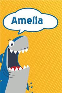 Amelia: Personalized Shark Handwriting Practice Paper for Kids Notebook 120 Pages 6x9