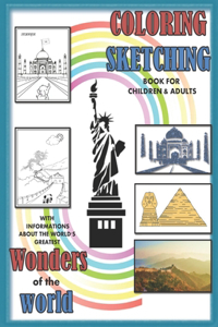 Coloring sketching book for children and adults with informations about the world's greatest wonders of the wolrd