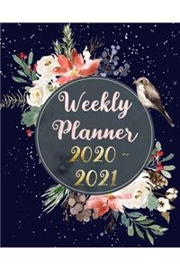 Weekly Planner 2020 - 2021: Jan 2020 - Dec 2021 Two Year Weekly Daily Planner with To Do List to Achieve Your Goals: Cute Bird Flowers and Snowfall, Navy Blue