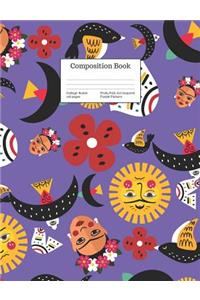 Composition Book College-Ruled Frida Folk Art Inspired Purple Pattern