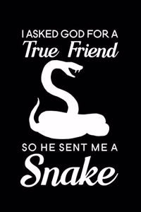 I asked god for a true friend so he sent me a snake: Blank Lined Journal Notebook, 6" x 9", Snake journal, Snake notebook, Ruled, Writing Book, Notebook for Snake lovers, Snake Gifts