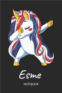 Esme - Notebook: Blank Lined Personalized & Customized Name Great Britain Union Jack Flag Hair Dabbing Unicorn Notebook / Journal for Girls & Women. Funny Unicorn Ac