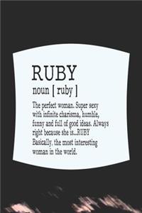 Ruby Noun [ Ruby ] the Perfect Woman Super Sexy with Infinite Charisma, Funny and Full of Good Ideas. Always Right Because She Is... Ruby