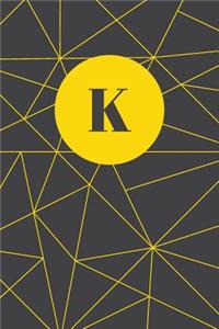 Monogram Initial K Notebook: Yellow and Dark Grey Geometric, Wide Ruled Journal for Women, 120 Pages, 6x9 Inch