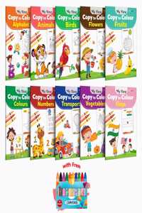 My First Copy to Colour - Alphabet, Animals, Birds, Flowers, Fruits, Colours, Numbers, Transport, Vegetables and Flags with 10 WAX CRAYONS : Kids colouring and learning book, Children copy colouring book, Colouring fun for kids | Combo of 10 Copy t