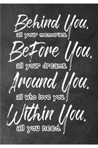 Behind you, all your memories. Before you, all your dreams. Around you, all who love you. Within you, all you need.