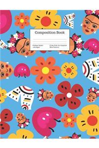 Composition Book College-Ruled Frida Folk Art Inspired Blue Pattern