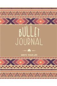 Bullet Journal Dot Grid, Daily Dated Notebook Diary, Brown Ethnic Boho Pattern: Large Quarterly Bullet Journal Blank Pages with Number, 150p, 8x10