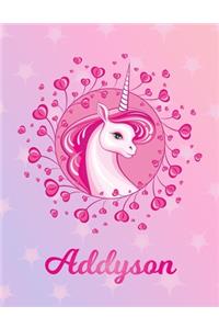 Addyson: Unicorn Large Blank Primary Handwriting Learn to Write Practice Paper for Girls - Creative Pink Purple Magical Horse Personalized Letter A Initial C