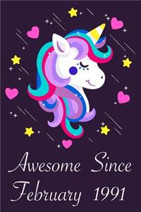 Awesome Since February 1991: 29 Year Old 29th Birthday gift Unicorn Born In February 1991, Journal Gift Book For Girls, Christmas Gift Book, Birthday Gift For Girls, Women's Day