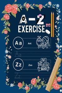 Alphabet a-z exercise with cartoon and practice paper