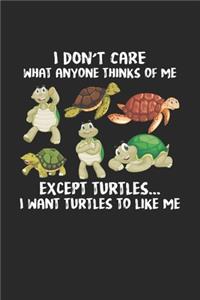 I don't care what anyone thinks of me Except turtles... I want turtles to like me: Niedliche Schildkröte Liebhaber Meeresschildkröten Enthusiastin Notizbuch liniert 120 Seiten für Notizen Zeichnungen Formeln Organizer Tagebuch