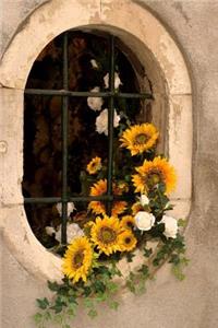 A Romantic Oval Window with Yellow Sunflowers and White Roses Journal