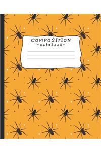 Composition Notebook: Halloween spiders, wide ruled, 110 pages, 7.5 x 9.25 - Black lined white paper journal