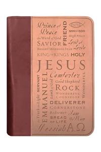 Names of Jesus Bible Cover, Zippered, Italian Duo-Tone Imitation Leather, Brown/Tan, Large