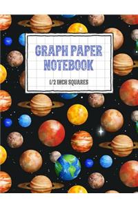 Graph Paper Notebook 1/2 Inch Squares: Space Themed 0.50 Square Quad Ruled, 120 Pages, 8.5 x 11 Non-perforated Graphing Notebook