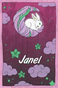 Janel: personalized notebook sleeping bunny on the moon with stars softcover 120 pages blank useful as notebook, dream diary, scrapbook, journal or gift id