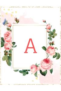 A: Monogram Initial A Notebook for Women and Girls, Floral 8.5 x 11, 100 Pages, Soft Cover, Matte Finish