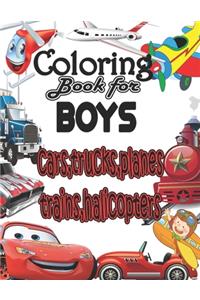 coloring book for boys cars, trucks, planes, traines, halicopters