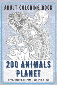 200 Animals Planet - Adult Coloring Book - Hippo, Baboon, Elephant, Scorpio, other