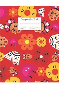 Composition Book College-Ruled Frida Folk Art Inspired Red Pattern