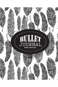 Bullet Journal Dot Grid, Daily Dated Notebook Diary, Black and White Feather Pattern: Large Quarterly Bullet Journal Blank Pages with Number, 150p, 8x10