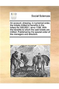 An account, shewing, in numerical order, the tickets intitled to benefits in the lottery for 500,000 l. anno 1786. With the benefits to which the said tickets are intitled. Published by the special order of the managers and directors.