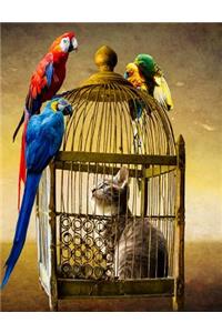 Cat Caged With Parrot Guards Notebook