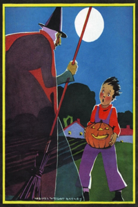 Boy Carrying Jack-O-Lantern Startled by Witch Halloween Greeting Cards