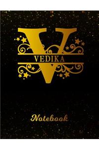 Vedika Notebook: Letter V Personalized First Name Personal Writing Notepad Journal Black Gold Glitter Pattern Effect Cover Wide Ruled Lined Paper for Journalists & W