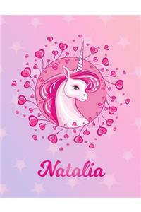 Natalia: Unicorn Large Blank Primary Sketchbook Paper - Pink Purple Magical Horse Personalized Letter N Initial Custom First Name Cover - Drawing Sketch Book