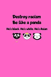 Destroy Racism Like A Panda: Notebook Lined 6x9 Raise Awareness For Anti-Racism Anti-Facism & Against Nazis Journal Birthday Gift & Christmas Present For Cosmopolitans