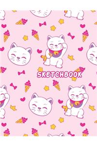 Sketchbook: Cute Blank Notebook for Sketching and Picture Space with Kawaii Maneki Neko Japanese Lucky Cat, Pink Hearts and Ice Creams, Unlined Paper Book for D